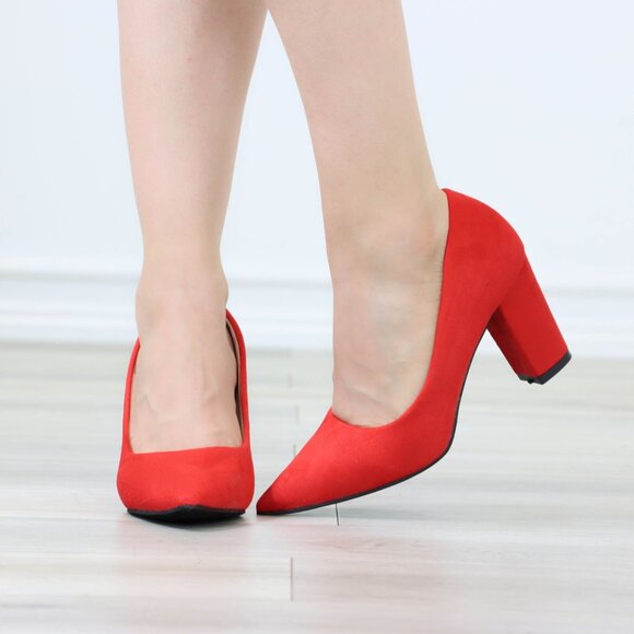 Classic Block High Heel Slip On Pointed Toe Pumps Red Suede - Picture 8 of 12